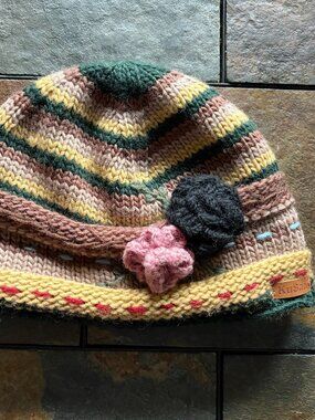 Cottagecore KuSan, 100% wool outer, flower beanie, fleece lined hat, OSFM